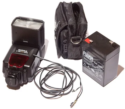 battery, flash, and bag