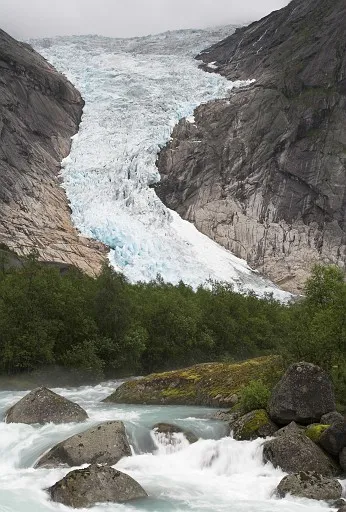 Cascading stream at glacier (Briksdal glacier, Jostedalsbreen national park, Norway)