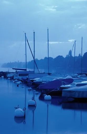 Calm yachts after sunset